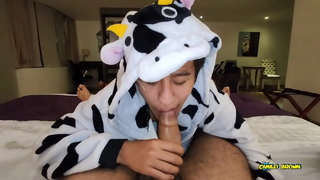 Anal Fucking POV Dreichwe in a cow pijama sucking and riding my big uncut cock until he earns my hot milk - Camilo Brown
